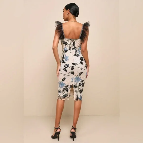 Lulu's Black and Blue Floral Midi Dress - Picture 2 of 4